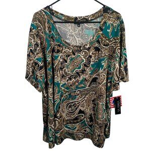 Vikki Vi Paisley Blouse Womens Size 3X Plus Size Gold Green Made In USA New
